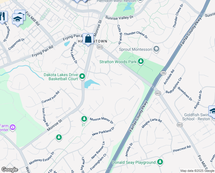 map of restaurants, bars, coffee shops, grocery stores, and more near 2523 Glenlawn Place in Herndon