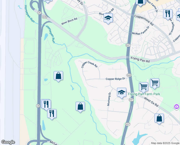 map of restaurants, bars, coffee shops, grocery stores, and more near 13701 Copper Creek Court in Herndon