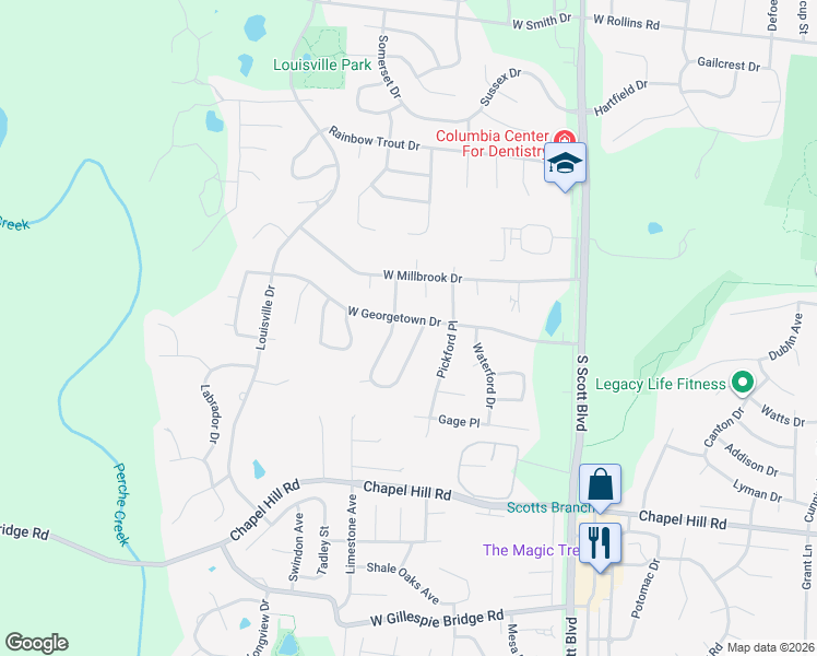 map of restaurants, bars, coffee shops, grocery stores, and more near 4704 West Georgetown Drive in Columbia