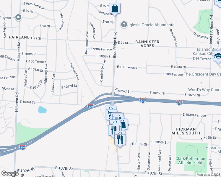 map of restaurants, bars, coffee shops, grocery stores, and more near 10200 Blue Ridge Boulevard in Kansas City
