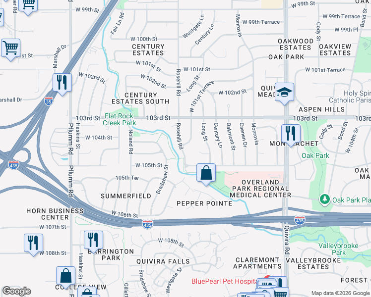 map of restaurants, bars, coffee shops, grocery stores, and more near 10413 Westgate St in Lenexa