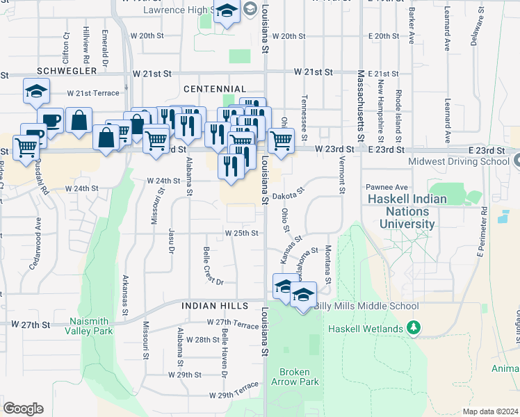 map of restaurants, bars, coffee shops, grocery stores, and more near 2405 Louisiana Street in Lawrence