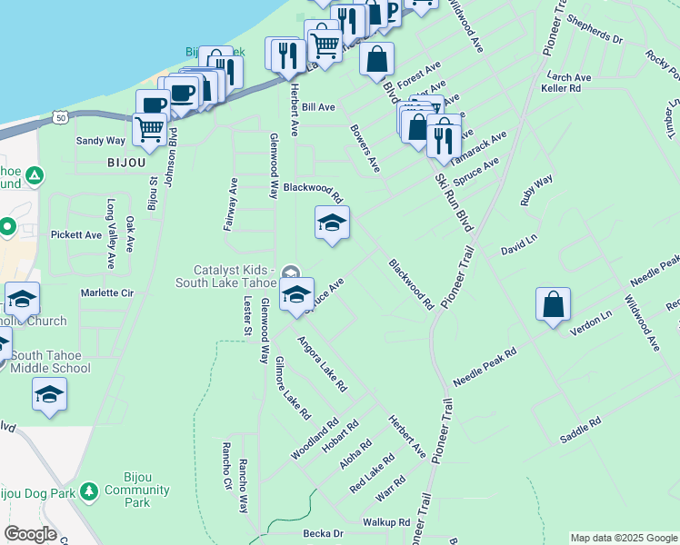 map of restaurants, bars, coffee shops, grocery stores, and more near 3501 Spruce Avenue in South Lake Tahoe