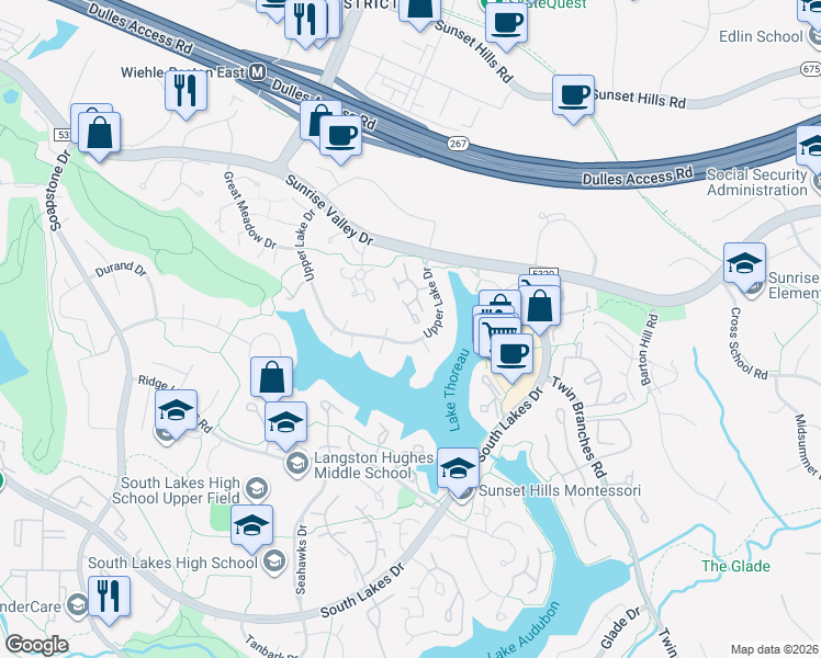 map of restaurants, bars, coffee shops, grocery stores, and more near 1976 Winterport Cluster in Reston