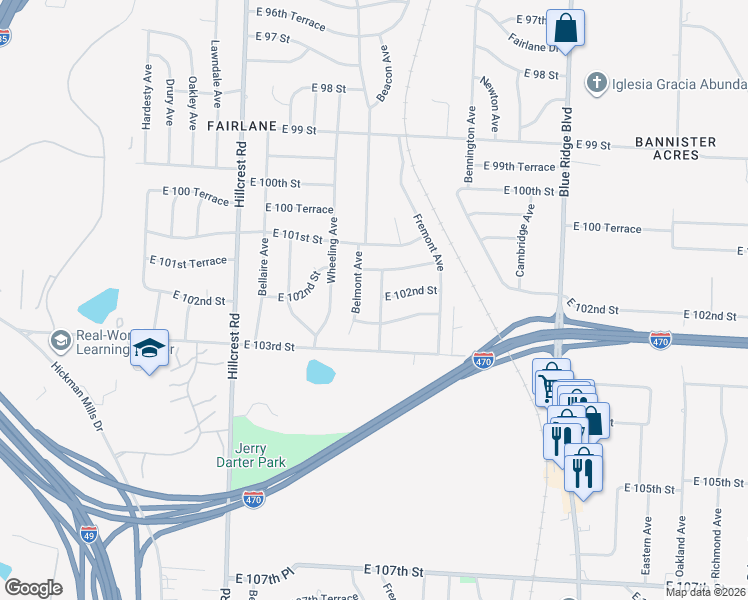 map of restaurants, bars, coffee shops, grocery stores, and more near 10200 Beacon Avenue in Kansas City