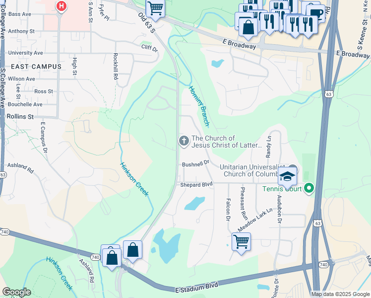 map of restaurants, bars, coffee shops, grocery stores, and more near 900 Old 63 South in Columbia
