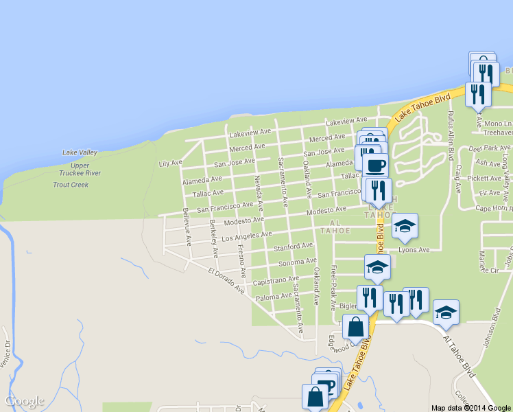 map of restaurants, bars, coffee shops, grocery stores, and more near 816 San Francisco Avenue in South Lake Tahoe