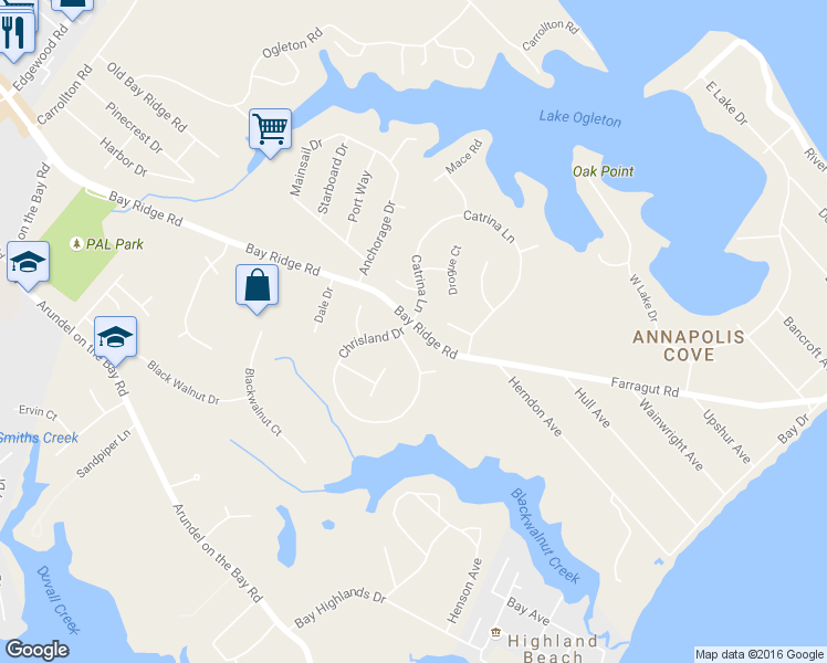 map of restaurants, bars, coffee shops, grocery stores, and more near 3287 Chrisland Drive in Annapolis