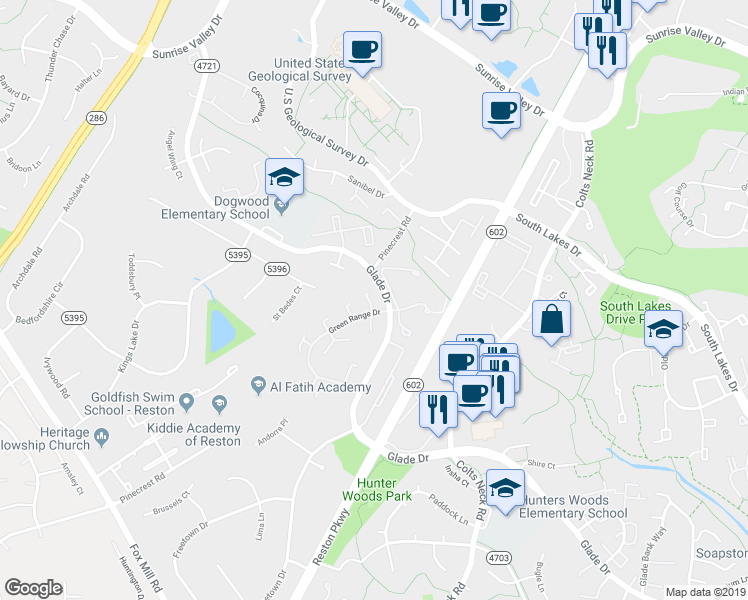 map of restaurants, bars, coffee shops, grocery stores, and more near 2206 Lofty Heights Place in Reston