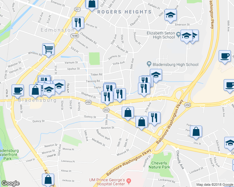 map of restaurants, bars, coffee shops, grocery stores, and more near 5437 Spring Road in Bladensburg