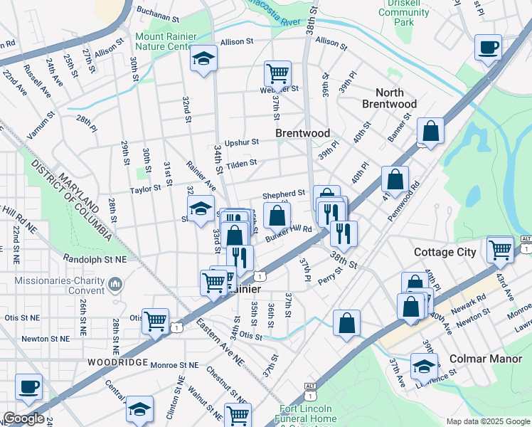 map of restaurants, bars, coffee shops, grocery stores, and more near 4014 36th Street in Mount Rainier