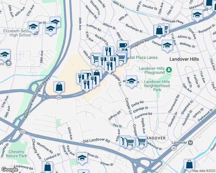 map of restaurants, bars, coffee shops, grocery stores, and more near 4018 Meadow Trail Lane in Hyattsville