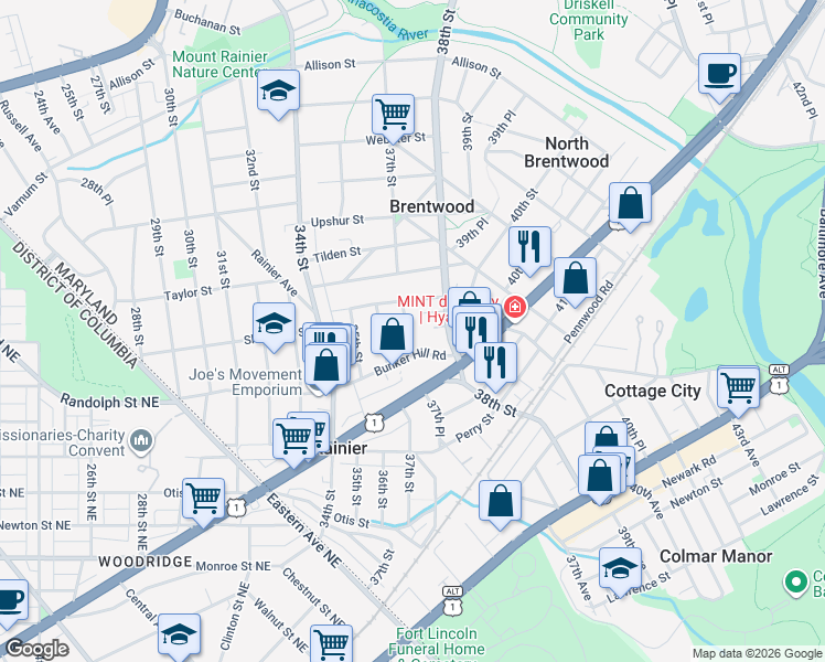 map of restaurants, bars, coffee shops, grocery stores, and more near 4007 37th Street in Mount Rainier