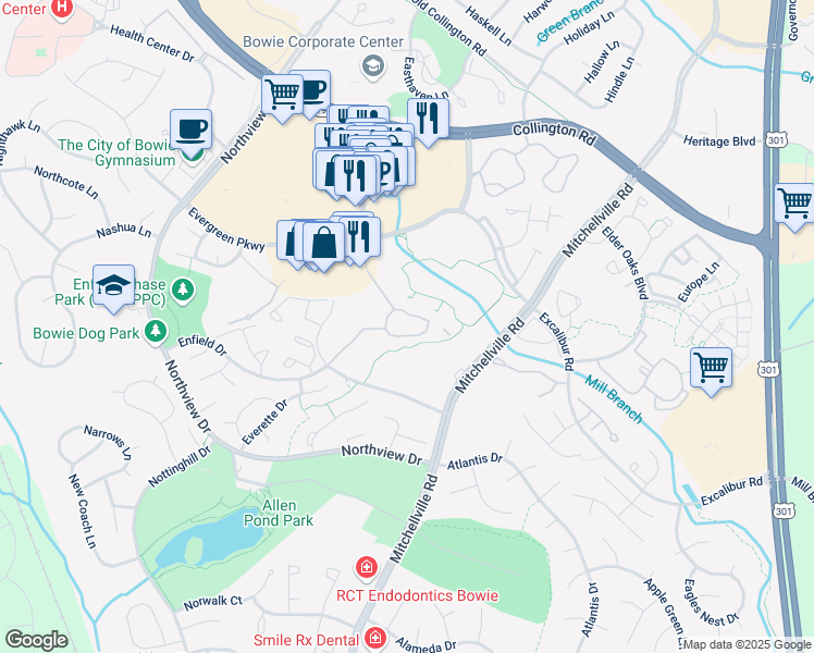 map of restaurants, bars, coffee shops, grocery stores, and more near 15613 Everglade Lane in Bowie
