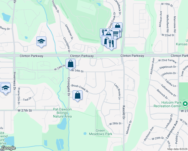 map of restaurants, bars, coffee shops, grocery stores, and more near 2405 Brookside Drive in Lawrence