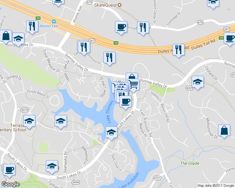 map of restaurants, bars, coffee shops, grocery stores, and more near 1985 Lakeport Way in Reston