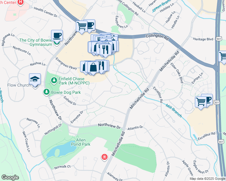 map of restaurants, bars, coffee shops, grocery stores, and more near 15609 Everglade Lane in Bowie