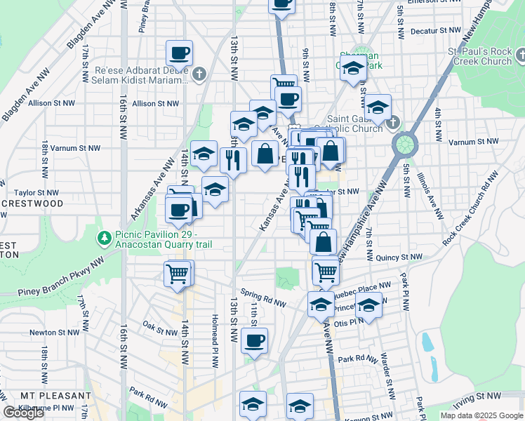 map of restaurants, bars, coffee shops, grocery stores, and more near 1205 Shepherd Street Northwest in Washington