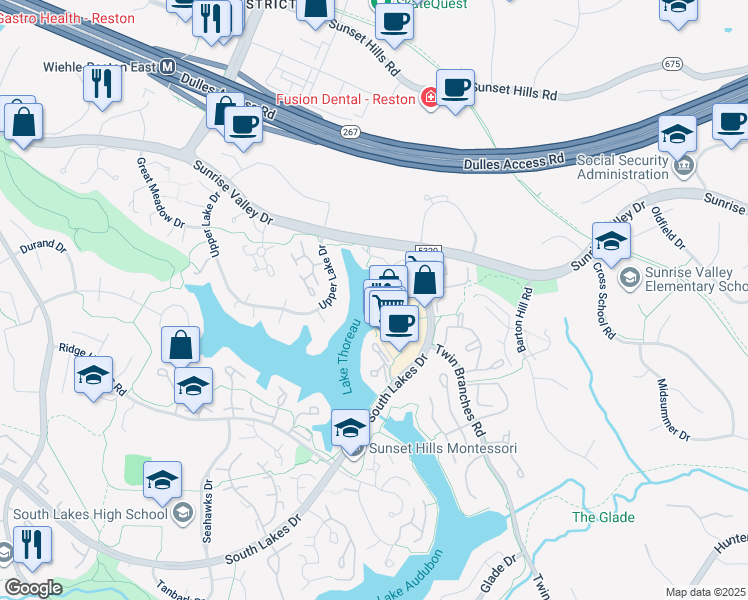 map of restaurants, bars, coffee shops, grocery stores, and more near 1985 Lakeport Way in Reston