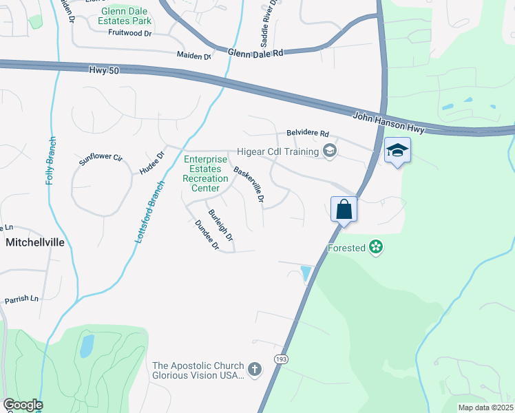 map of restaurants, bars, coffee shops, grocery stores, and more near 3700 Baskerville Drive in Mitchellville