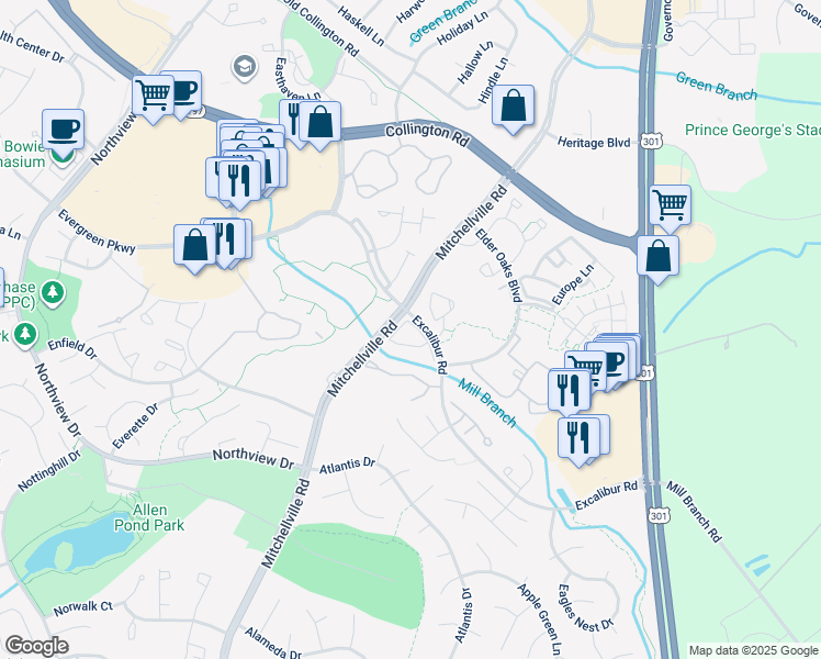 map of restaurants, bars, coffee shops, grocery stores, and more near 3712 Excalibur Court in Bowie