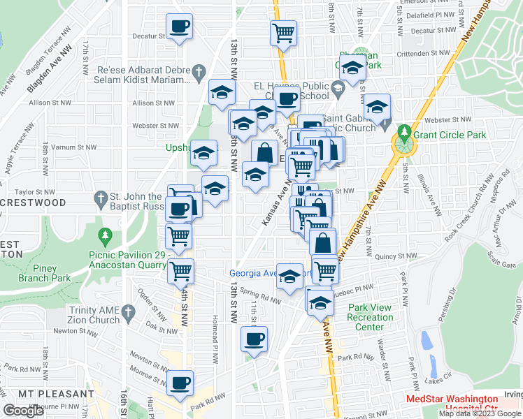 map of restaurants, bars, coffee shops, grocery stores, and more near 1205 Shepherd Street Northwest in Washington