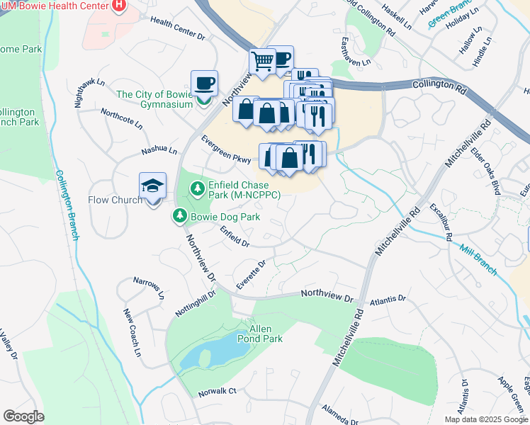 map of restaurants, bars, coffee shops, grocery stores, and more near 3804 Envision Terrace in Bowie