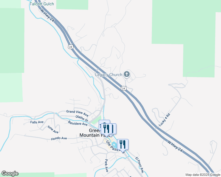 map of restaurants, bars, coffee shops, grocery stores, and more near 10635 Green Mountain Falls Road in Green Mountain Falls