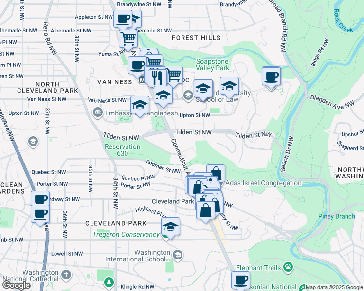 map of restaurants, bars, coffee shops, grocery stores, and more near 3901 Connecticut Avenue Northwest in Washington