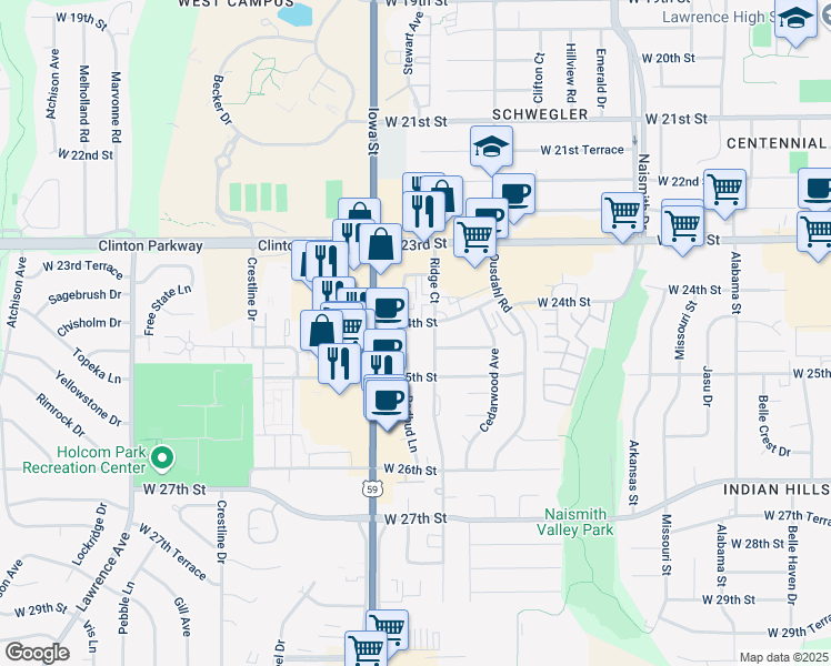 map of restaurants, bars, coffee shops, grocery stores, and more near 1815 West 24th Street in Lawrence