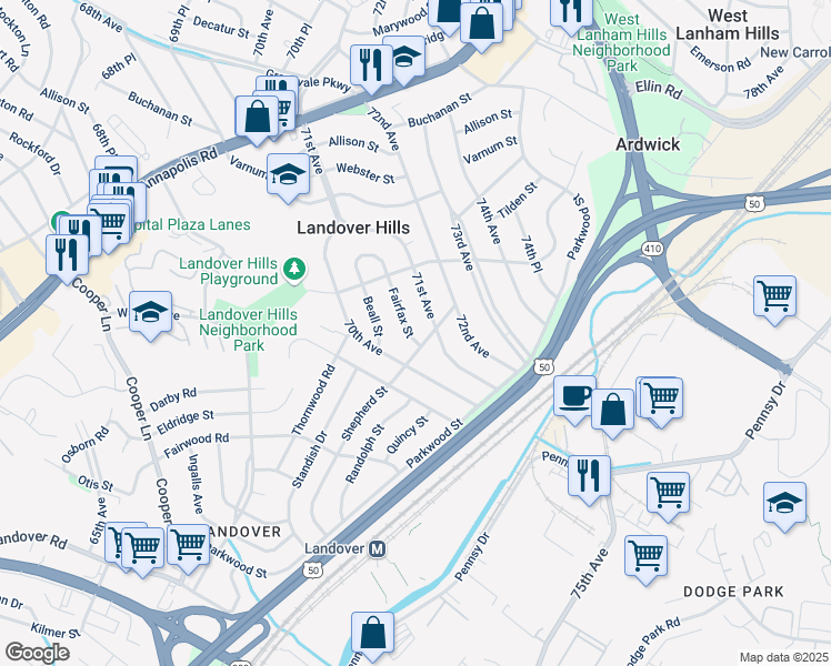map of restaurants, bars, coffee shops, grocery stores, and more near 4103 Fairfax Street in Hyattsville