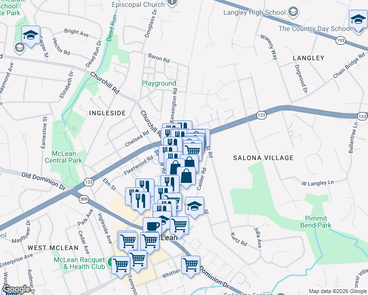 map of restaurants, bars, coffee shops, grocery stores, and more near 1312 Chain Bridge Road in McLean