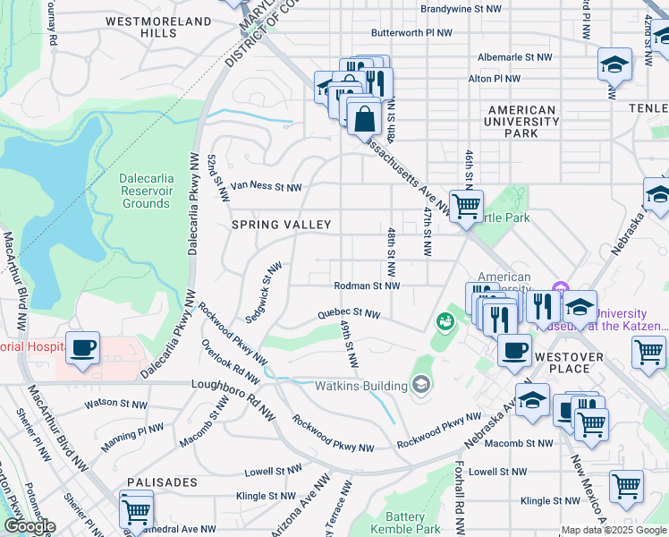map of restaurants, bars, coffee shops, grocery stores, and more near 3816 49th Street Northwest in Washington