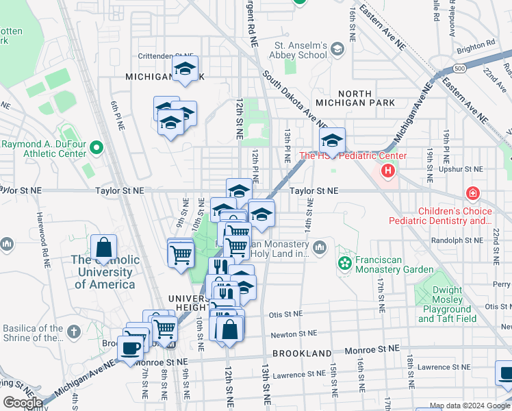 map of restaurants, bars, coffee shops, grocery stores, and more near 1212 Michigan Avenue Northeast in Washington