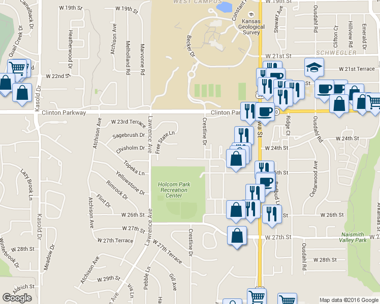 map of restaurants, bars, coffee shops, grocery stores, and more near 2606 West 24th Terrace in Lawrence