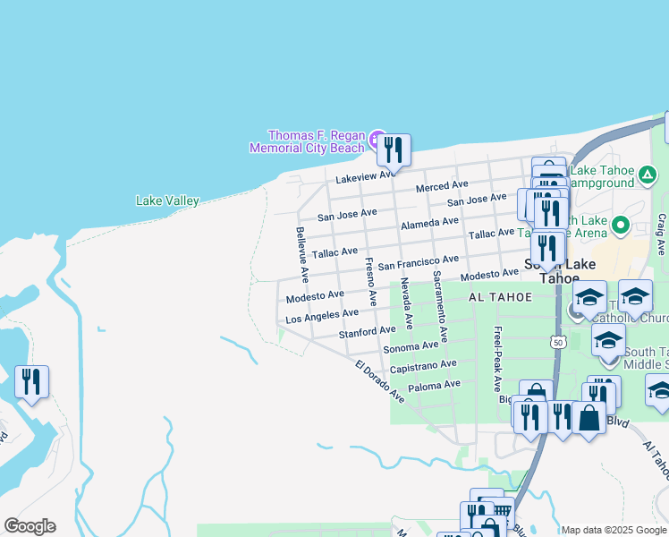 map of restaurants, bars, coffee shops, grocery stores, and more near 3087 Berkeley Avenue in South Lake Tahoe