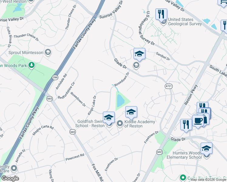 map of restaurants, bars, coffee shops, grocery stores, and more near 2319 Rosedown Dr in Reston