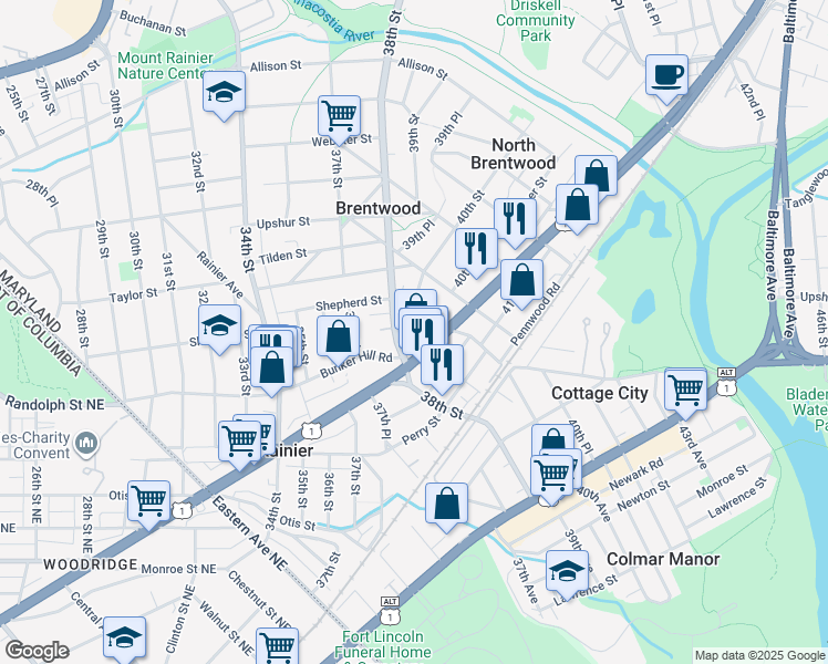 map of restaurants, bars, coffee shops, grocery stores, and more near 101 Independence Avenue Southeast in Washington