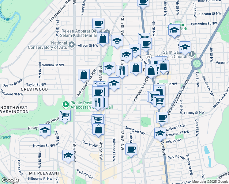 map of restaurants, bars, coffee shops, grocery stores, and more near 1317 Shepherd Street Northwest in Washington