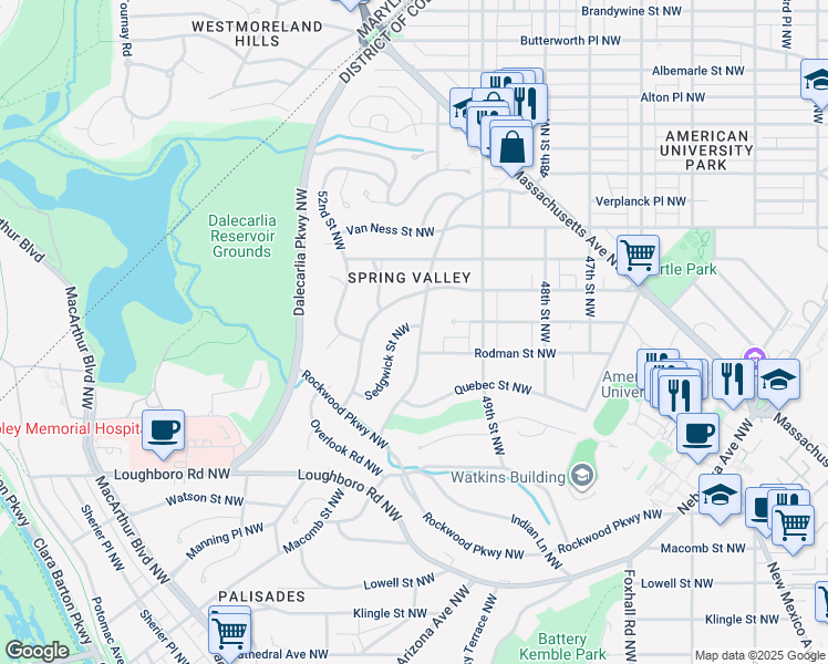 map of restaurants, bars, coffee shops, grocery stores, and more near 3822 Fordham Road Northwest in Washington