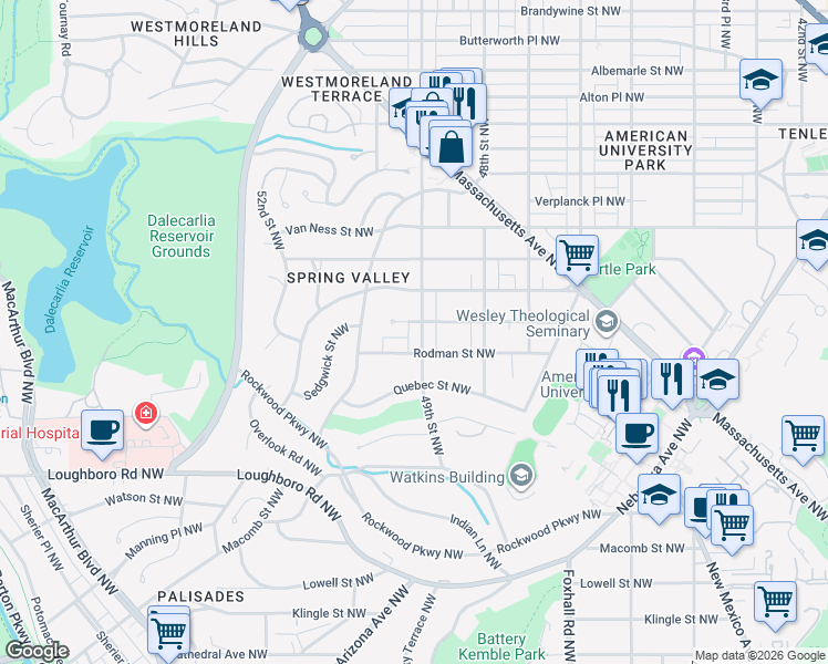 map of restaurants, bars, coffee shops, grocery stores, and more near 3816 49th Street Northwest in Washington