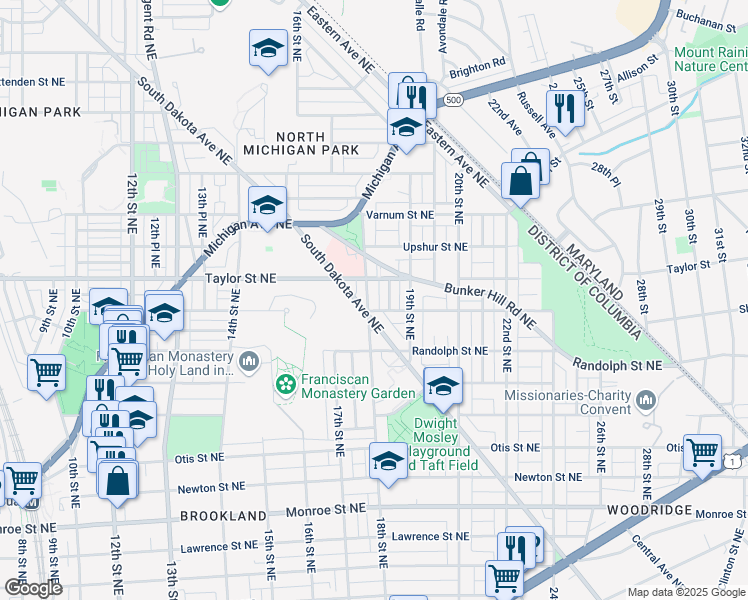 map of restaurants, bars, coffee shops, grocery stores, and more near 4111 18th Street Northeast in Washington