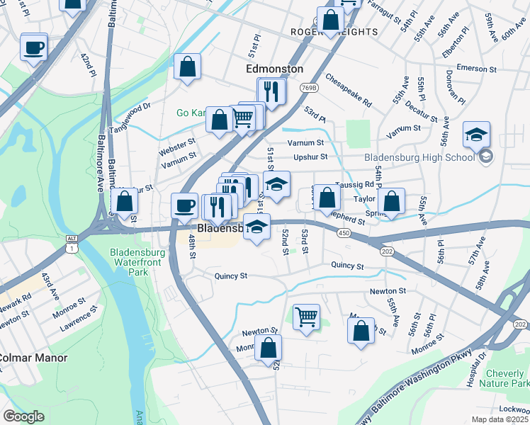 map of restaurants, bars, coffee shops, grocery stores, and more near 4103 51st Street in Bladensburg
