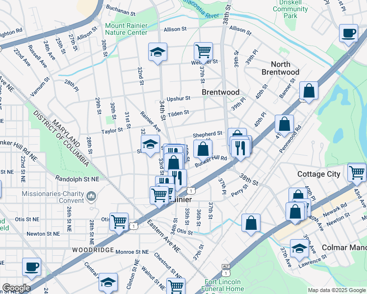 map of restaurants, bars, coffee shops, grocery stores, and more near 101 Independence Avenue Southeast in Washington