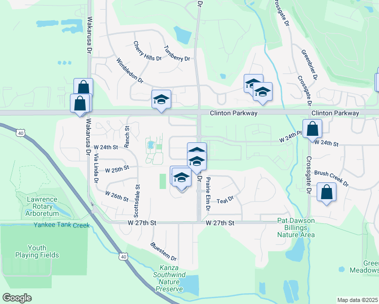 map of restaurants, bars, coffee shops, grocery stores, and more near 4407 Gretchen Court in Lawrence