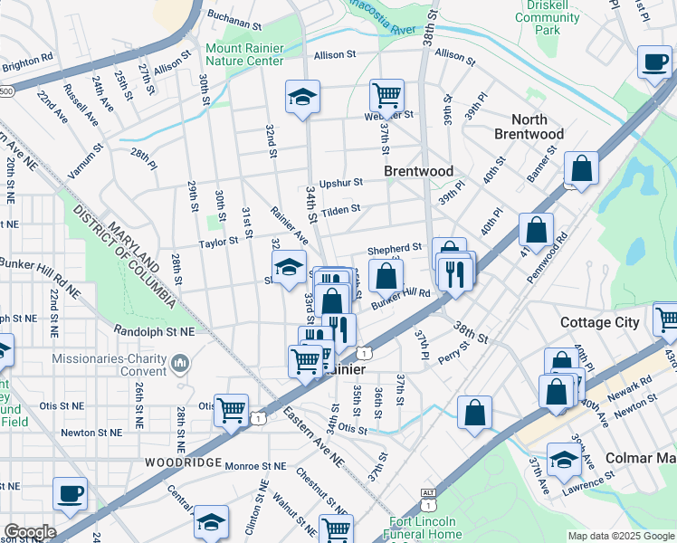 map of restaurants, bars, coffee shops, grocery stores, and more near 4051 Cedar Lane Alley in Mount Rainier