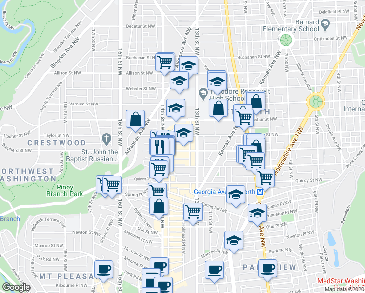 map of restaurants, bars, coffee shops, grocery stores, and more near 1323 Shepherd Street Northwest in Washington