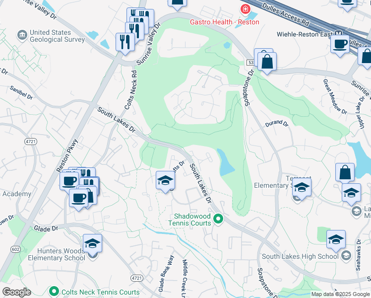 map of restaurants, bars, coffee shops, grocery stores, and more near 11732 Putting Green Court in Reston