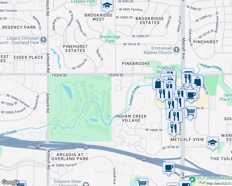 map of restaurants, bars, coffee shops, grocery stores, and more near 10370 Conser Street in Overland Park