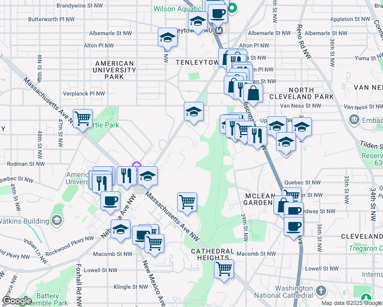 map of restaurants, bars, coffee shops, grocery stores, and more near 4001 Nebraska Avenue Northwest in Washington